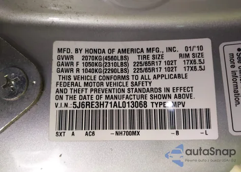 2010 Honda Cr-V Ex-L from USA, damaged, VIN 5J6RE3H71AL013068